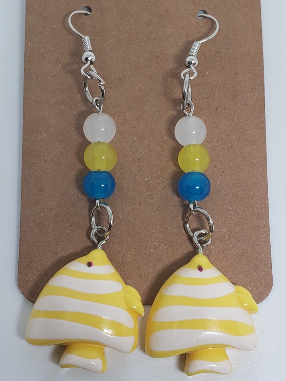 Handmade Yellow Blue White Beaded Glass Tropical Fish Earrings